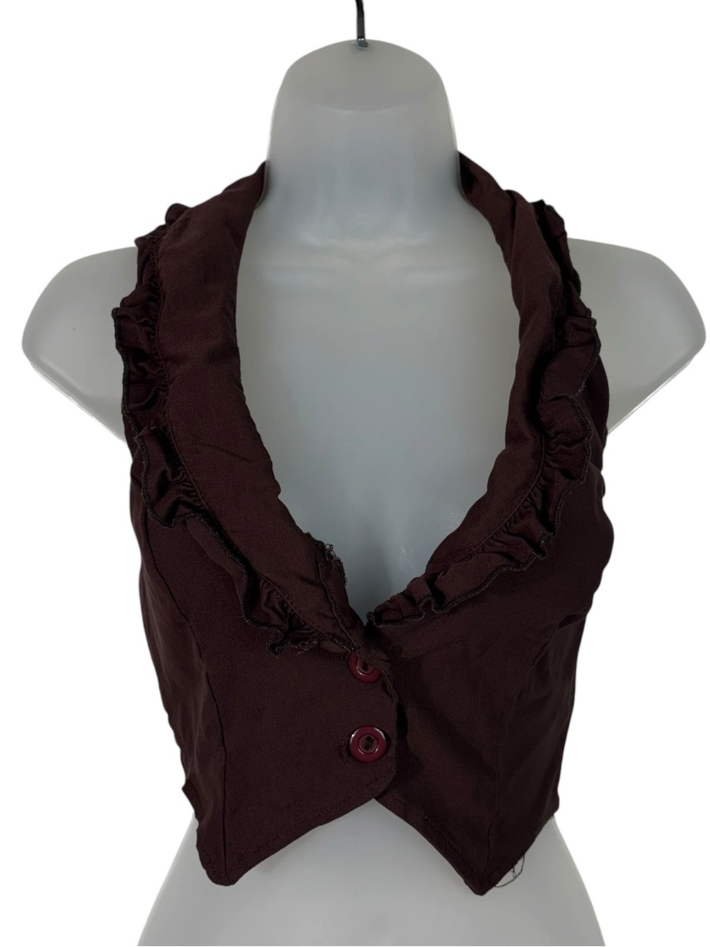 Vintage Y2K USA Made Brown Halter Neck Ruffle Trim Cropped Vest Top Large Party